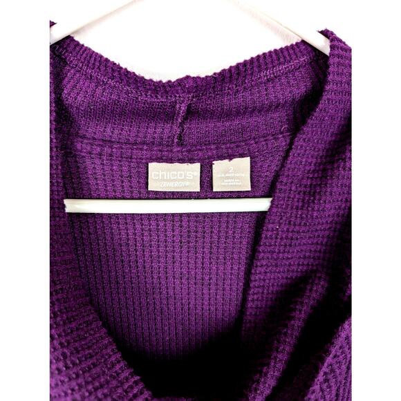 Chico's Zynergy Plum Sz2Waffle weave long cardigan/jacket cowl snap neckline GUC - Picture 2 of 9